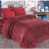 Set Lenjerie + Cuvertura de lux Matlasata cu broderie Eleganta 6 piese Rosu