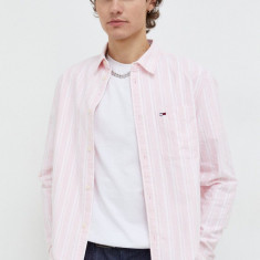 Tommy Jeans cămașă din bumbac bărbați, culoarea roz, cu guler clasic, regular DM0DM18336
