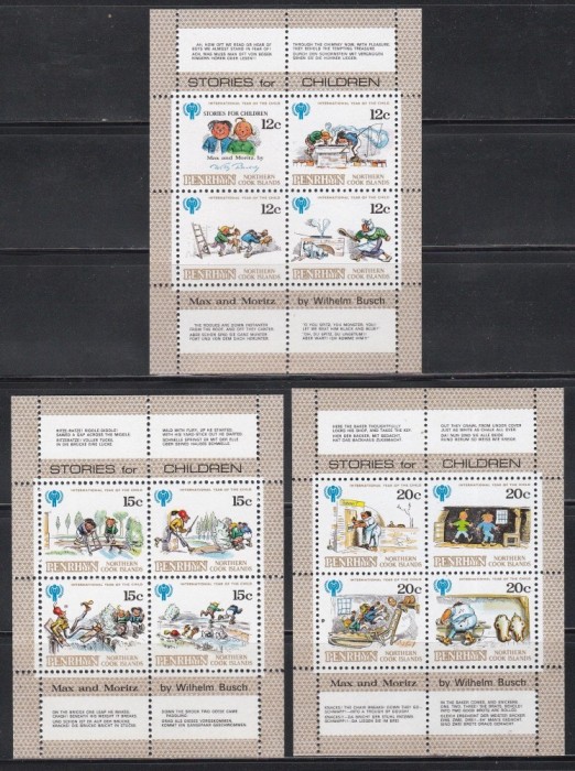 Penrhyn 1979 - Povești de Wilhelm Busch, 3 Colițe cu Tabsuri, MNH