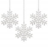Set decoratiuni pentru brad tip fulg de nea, 3 bucati, 9.5 cm, cu snur, alb cu sclipici