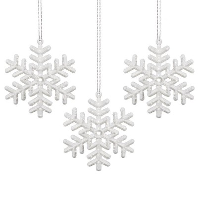 Set decoratiuni pentru brad tip fulg de nea, 3 bucati, 9.5 cm, cu snur, alb cu sclipici foto