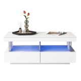 Masă de cafea modernă cu finisaj lucios, iluminare LED, 2 sertare, 100x60x49,5 cm, Alb