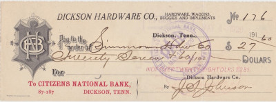 CHECK DICKSON HARDWARE CO. CITIZENS NATIONAL BANK 1916 XF WTMK foto