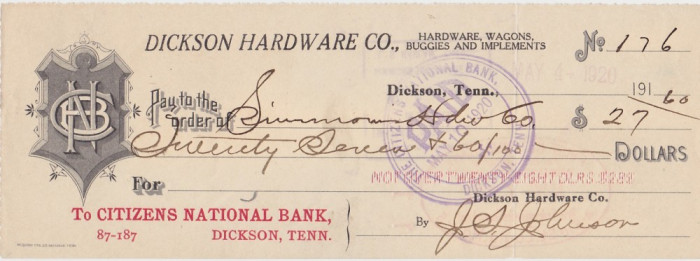 CHECK DICKSON HARDWARE CO. CITIZENS NATIONAL BANK 1916 XF WTMK