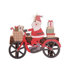 Decoratiune de craciun din lemn, flippy, cu snur pentru agatare in brad, model mos craciun pe bicicleta, 10.3x11.5x0.5 cm, multicolor