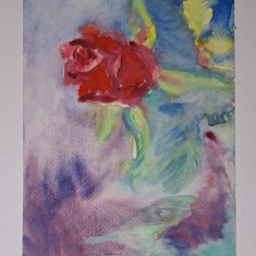 Pictura in acuarela neinramata - trandafir rosu, semnata, din anul 2004 17x24 cm