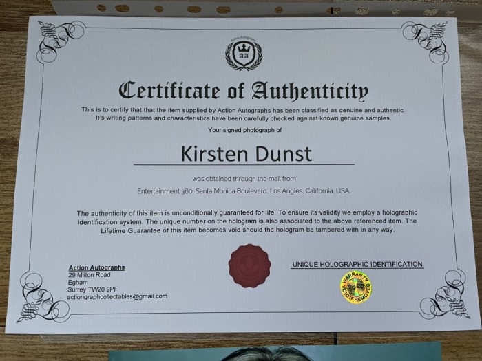 poza autograf original Kirsten Dunst (Spider Man) + Certificat de autenticitate