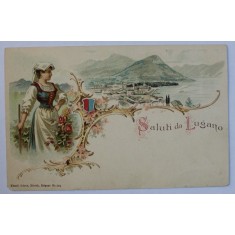 SALUTI DA LUGANO , CARTE POSTALA ILUSTRATA , CROMOLITOGRAFIE , POLICROMA , CIRCULATA , CLASICA , DATATA 1901