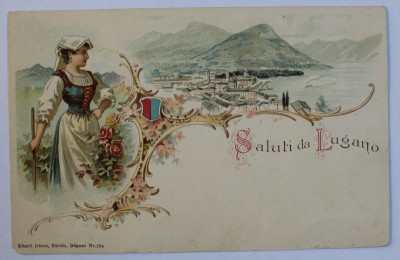 SALUTI DA LUGANO , CARTE POSTALA ILUSTRATA , CROMOLITOGRAFIE , POLICROMA , CIRCULATA , CLASICA , DATATA 1901 foto