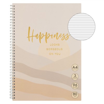 Caiet Dictando, Model Happiness, Culoare Roz Nude, Dimensiune A4, 3 Subiecte, 96 File, Copertă Moale, Spirală foto