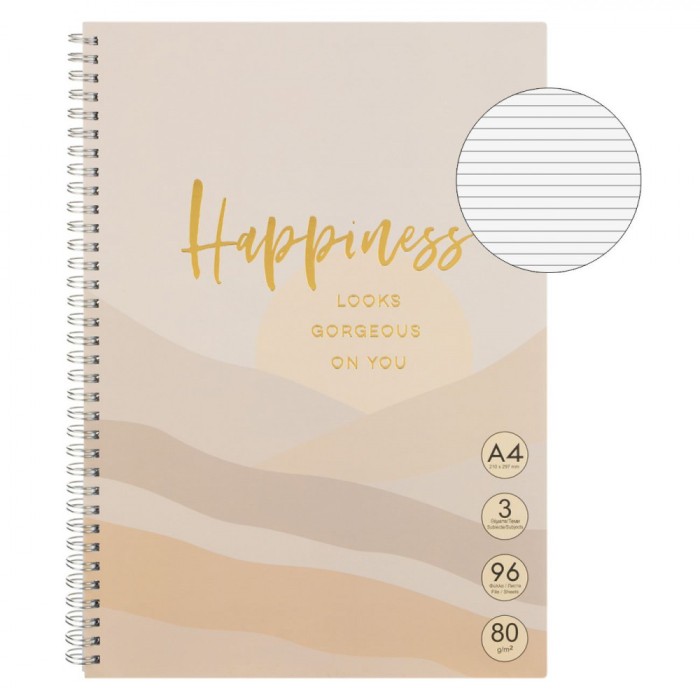 Caiet Dictando, Model Happiness, Culoare Roz Nude, Dimensiune A4, 3 Subiecte, 96 File, Copertă Moale, Spirală
