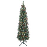 HOMCOM Pom de Crăciun Subțire 180 cm Artificial, Lumini Incorporate &icirc;n 8 Moduri, 200 Ramuri Dens Ignifuge &Icirc;nzăpezite, 42 Conuri și 42 Grămezi de Bacch