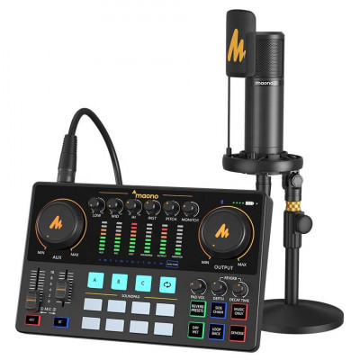 Set profesional Maono AME2A Sound card all in one, mixer, microfon XLR cardioid pentru podcast, live streaming foto