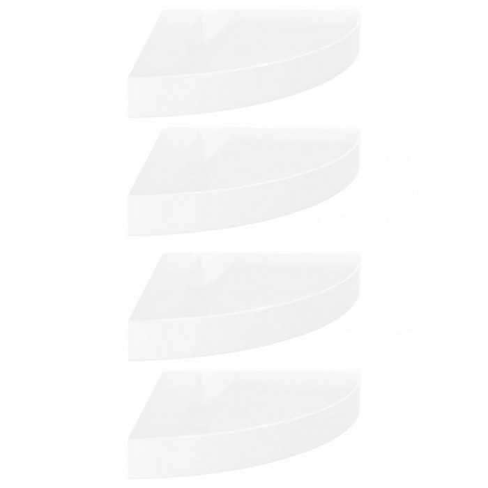 Rafturi de colt plutitoare, 4 buc., alb lucios, 25x25x3,8 cm, MDF
