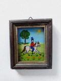 Tablou miniatura Anne Freidank pictura pe sticla, stil naiv, 7x8,5cm, rama lemn, Peisaje, Guasa, Miniatural