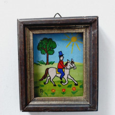 Tablou miniatura Anne Freidank pictura pe sticla, stil naiv, 7x8,5cm, rama lemn