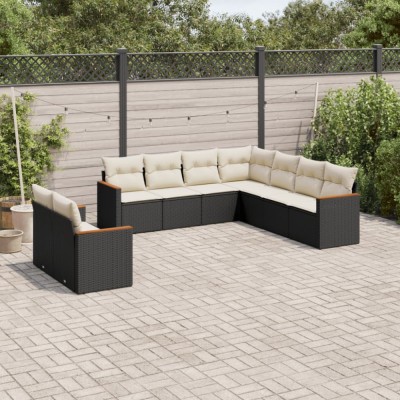 Set mobilier de grădină cu perne, 9 piese, negru, poliratan foto