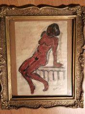 Tablou vechi, Nud, tehnica mixta, semnat Apostu 1971, rama cu sticla, 24x30 cm foto