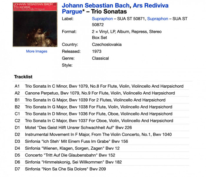 Johann Sebastian Bach, Ars Rediviva Pargue &lrm;&ndash; Trio Sonatas