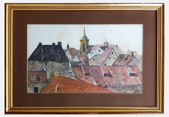 Acoperisuri - acuarela originala 1936, tablou cu passepartout inramat 40x29cm