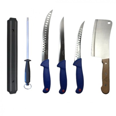 Set profesional de macelarie, filetat, injunghiat, transat, dezosat, 3 cutite, masat pentru ascutit, satar, suport magnetic foto