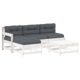 Cumpara ieftin Set mobilier de gradina cu perne, 5 piese, alb, lemn masiv