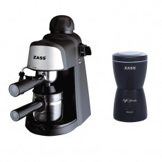 Pachet espressor Zass, 800 W, 3-5 bar, 2-4 cesti, 240 ml, vas sticla + Rasnita Zass, 150 W, 80 g, 10 cesti, corp inox, Negru