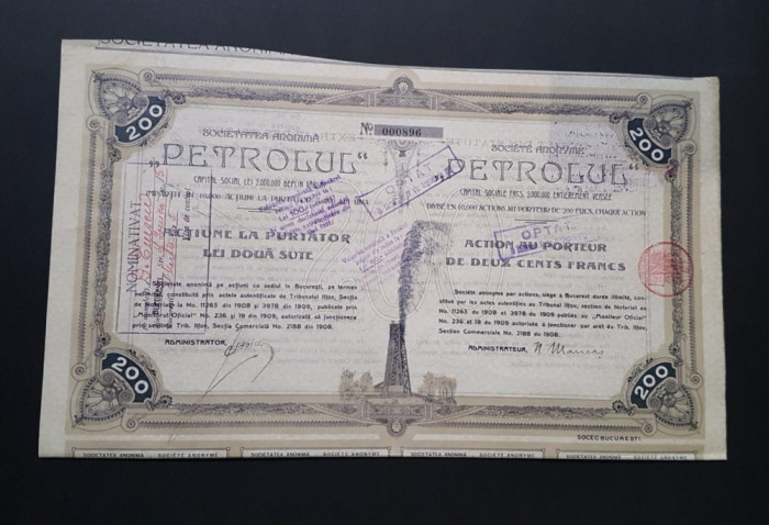 Actiune 1909 Soc. Petrolul / titlu / actiuni / petrol