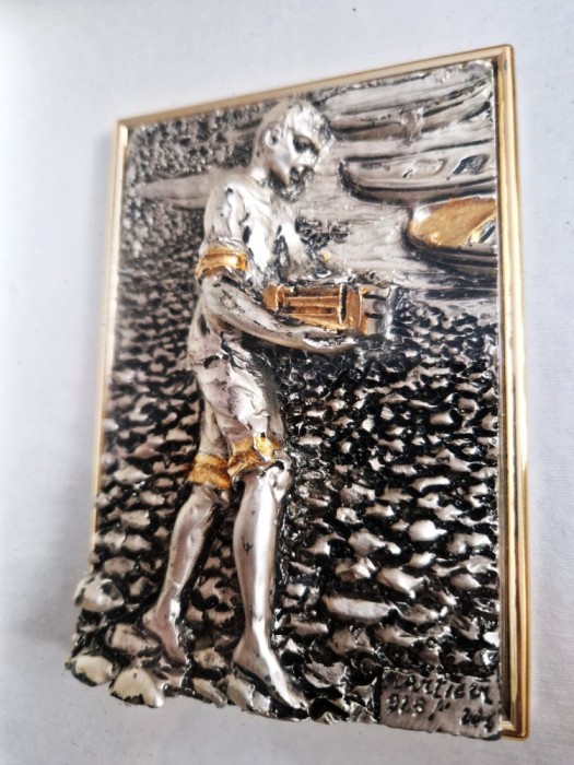 tablou 3 D placheta mulaj argintat AG 925 basorelief semnat Italia