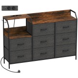 HOMCOM Comodă cu 8 sertare din material textil, cadru din oțel, stație de &icirc;ncărcare, Rustic-Maro+Negru | Aosom Romania