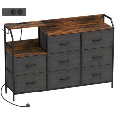HOMCOM Comodă cu 8 sertare din material textil, cadru din oțel, stație de &icirc;ncărcare, Rustic-Maro+Negru | Aosom Romania