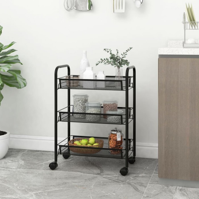 Gossi carucior de bucatarie, 3 niveluri, negru, 46x26x64 cm, fier