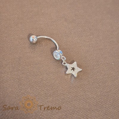 Piercing buric din argint 925 cu steluta si cristale zirconia albe, 3 cm, tija subtire foto