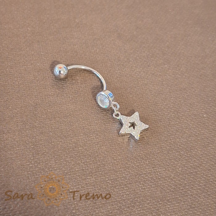 Piercing buric din argint 925 cu steluta si cristale zirconia albe, 3 cm, tija subtire
