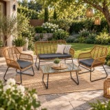 Set mobilier de gradina 7 piese din ratan PE rezistent la intemperii,cu canapea 2 locuri,fotolii,masa si perne de sezut incluse,design modern si u