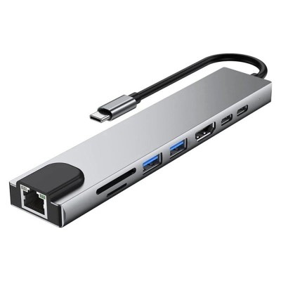 Adaptor Hub multifunctional 8 in 1 Techstar&amp;reg; SF8IN1, HDMI 4K, USB-C, PD Port, 1 x USB 3.0, 1 x USB 2.0, LAN RJ45 Ethernet, Cititor de carduri SD/TF, A foto