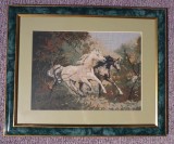 Goblen vintage, Mustangs, lucrat manual anii 90, inramat, 20x28 cm