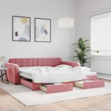 vidaXL Pat de zi extensibil cu sertare, roz, 100x200 cm, catifea - Canapea extensibila, spatiu depozitare