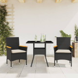 Set mobilier de gradina cu perne 3 piese negru poliratansticla