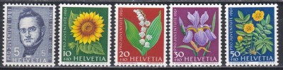 Elvetia 1961 - Pro Juventute - 100 de ani de la moartea lui Jonas Furrer - Flori de luncă și grădină , MNH foto
