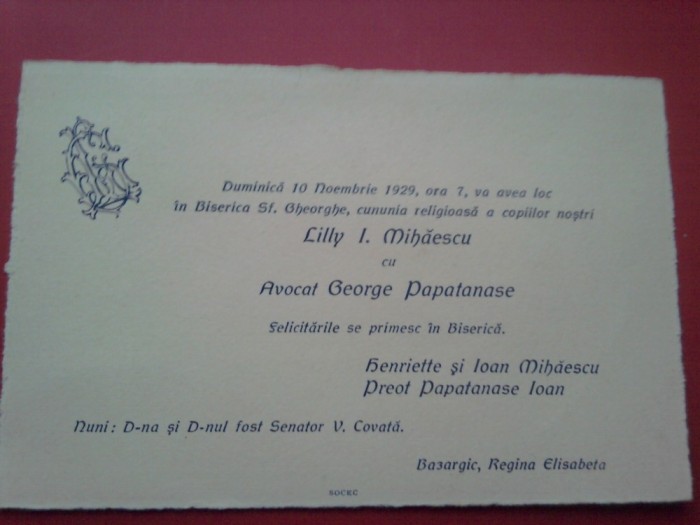 Invitatie nuntă avocat George PAPATANASE, Bazargic