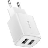 Incarcator retea Baseus Compact,10.5W, 2 x USB 5V/2.1A, alb