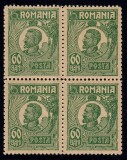 ROMANIA 1920 - 1922 FERDINAND UZUALE BUST MIC 60 BANI VERDE INCHIS DANTELURA A BL 4 MNH