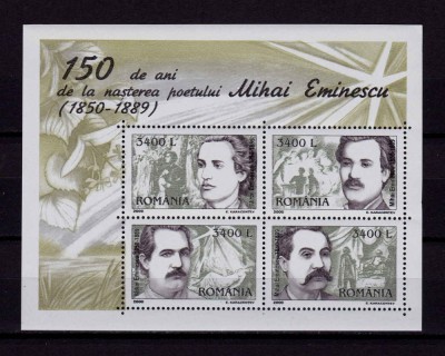 RO 2000 LP 1502a &amp;quot;150 ani n. Mihai Eminescu&amp;quot; , serie bloc / colita 312 ,MNH foto