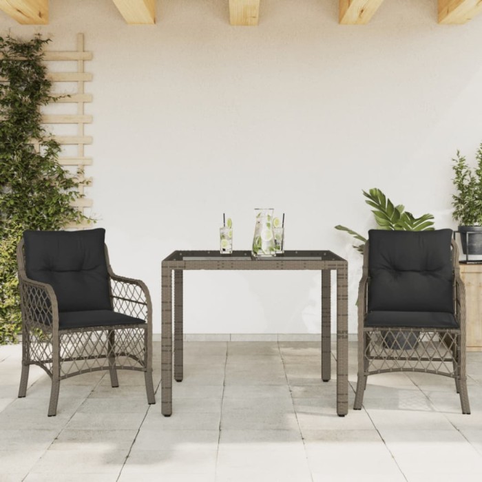 vidaXL Set bistro de grădină cu perne, 3 piese, gri, poliratan 3212030