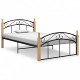 Cadru de pat, negru, 120x200 cm, metal și lemn masiv de stejar, Cires, Dublu, Cu polite semirotunde, vidaXL