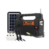 Kit solar cu lanterna, radio si 3 becuri, functie de power bank, acumulatorul de 6V, sistemului de agatare tip snur, negru