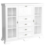 Vitrina living VM7, 3 usi, 4 sertare, Alb Antichizat, 158 x 46 x 136 cm