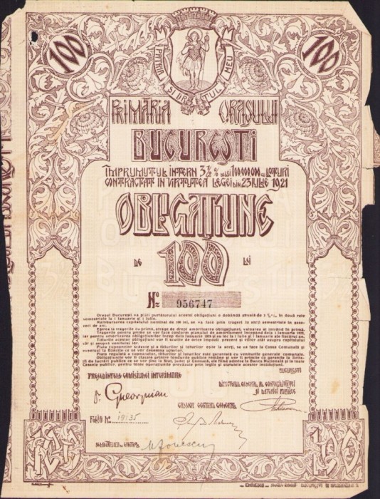 A581 Obligațiune de 100 lei Primăria orașului București, interbelică