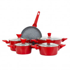 Set 9 piese Zilan, oale, tigaie, capace, aluminiu, manere bachelita, interior granit, rosu